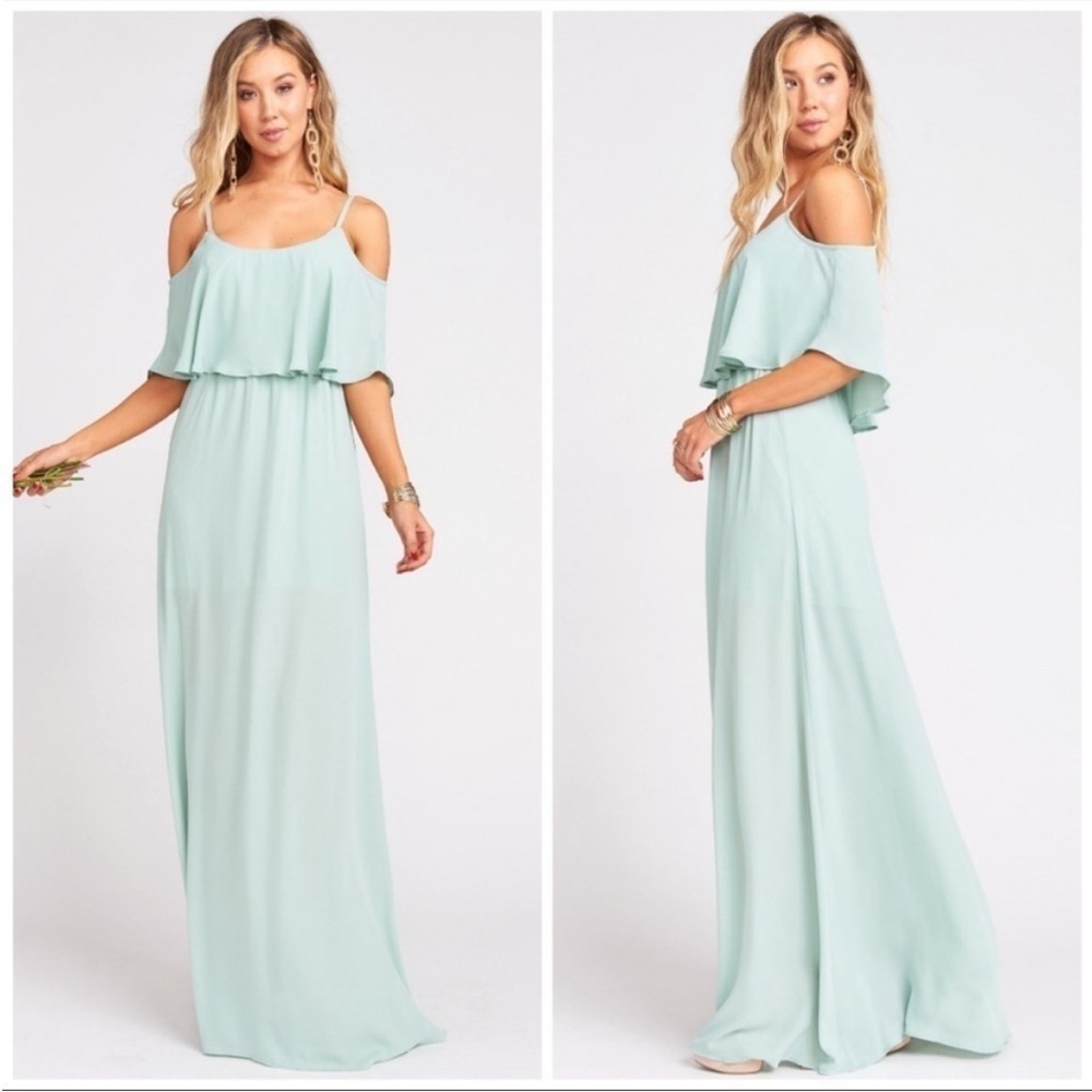 Show Me Your Mumu Caitlin Ruffle Maxi Dress in Dusty Mint Crisp Medium